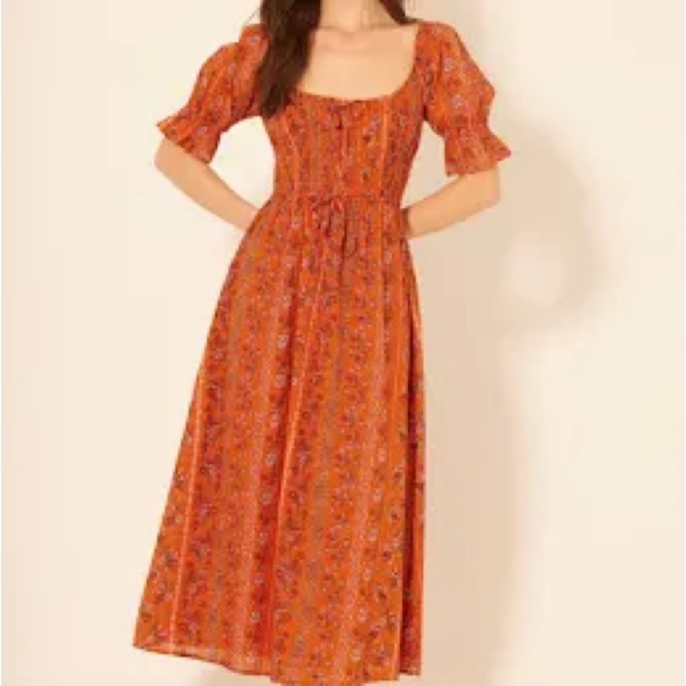 NWT Bila Boho Farlin Dress Rust Midi Smocked Size Small